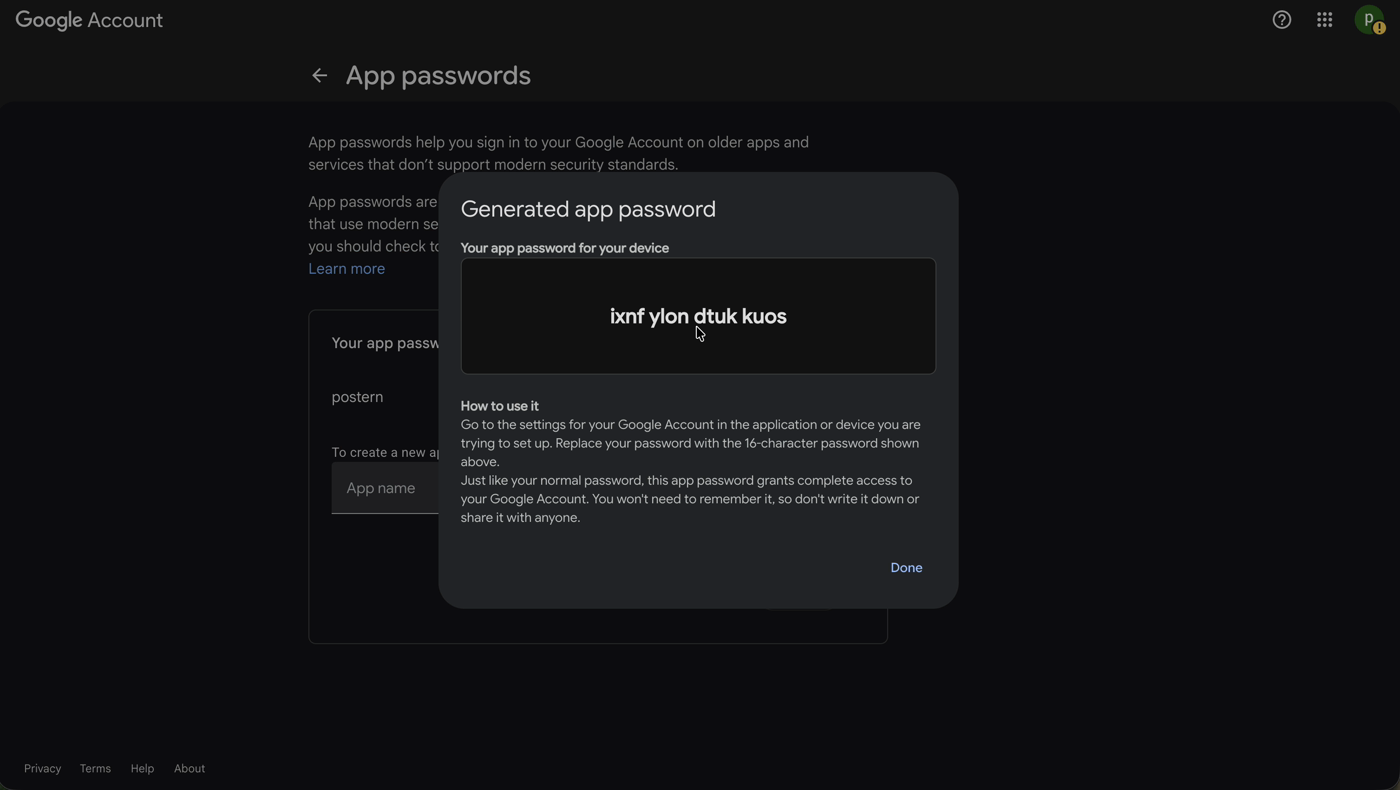 The Console’s Gmail card: an address and the sixteen-character app password.