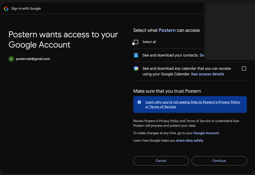 The Google scopes screen with the checkboxes starting empty.
